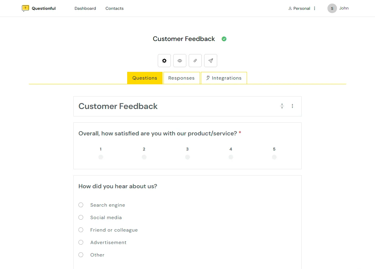 The Questionful editor with a customer feedback form open: a one-to-five satisfaction scale followed by a multiple-choice question.