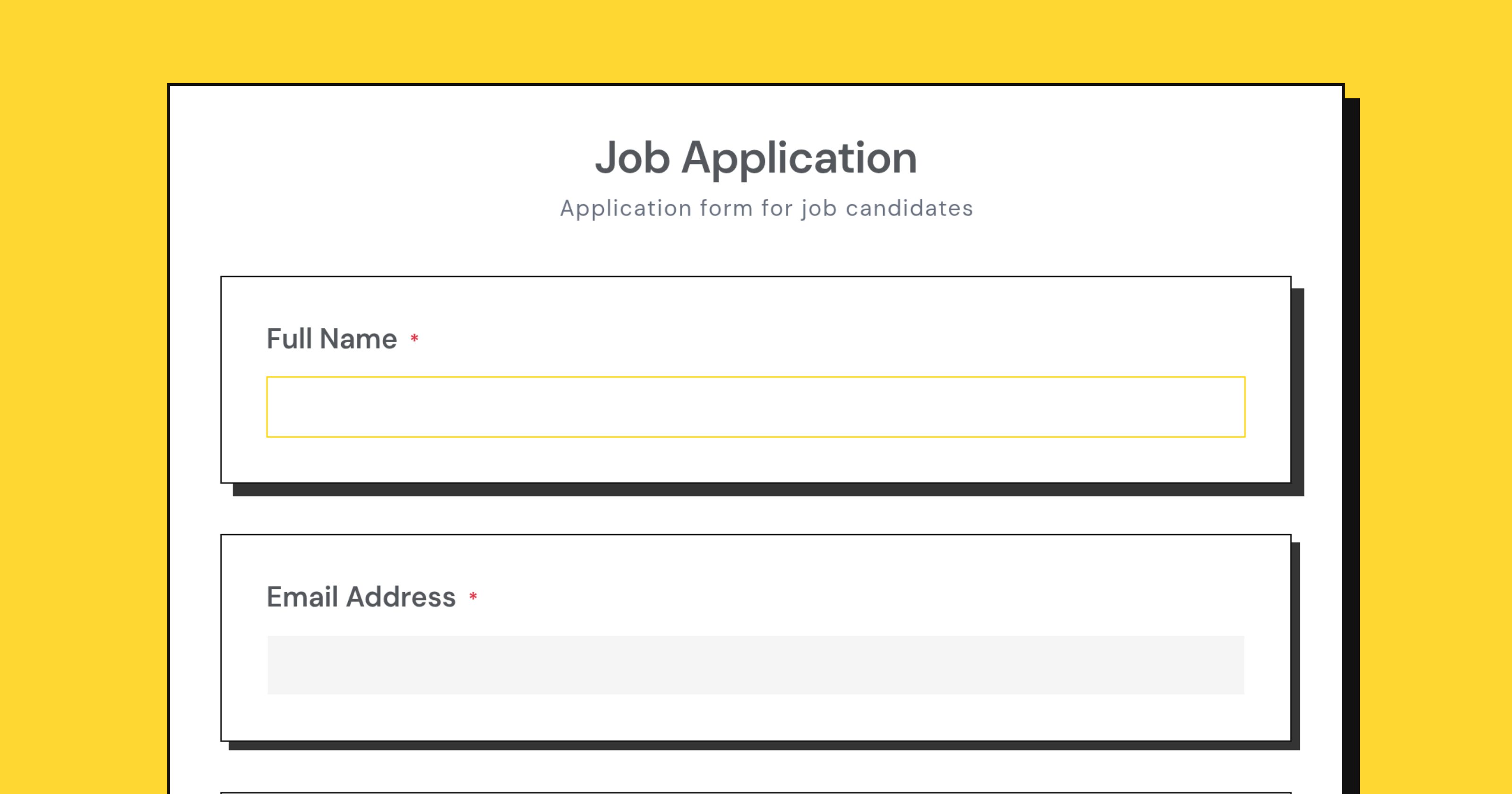 The Job Application template as an applicant sees it, starting with full name and email address