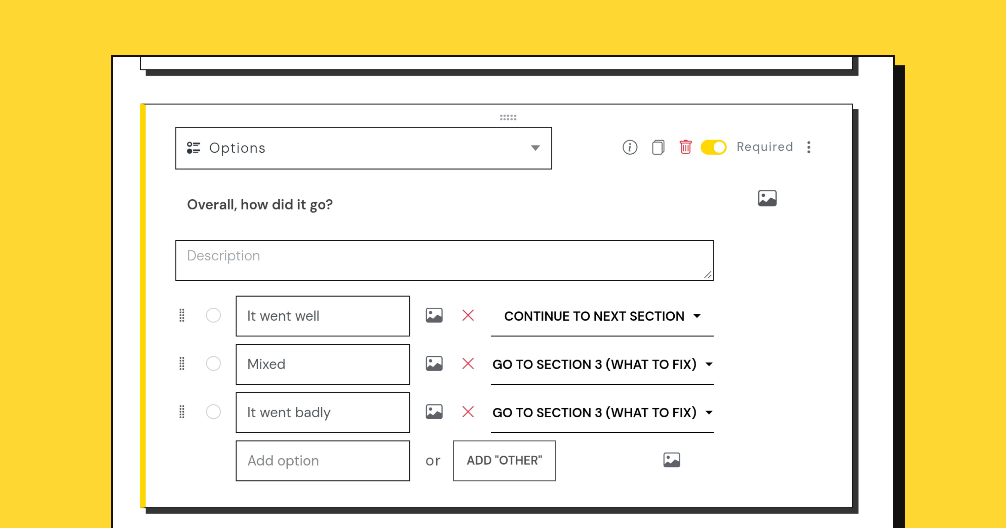 A multiple choice question open in the editor, with a go-to-section dropdown beside each answer: continue to the next section, or go to section 3