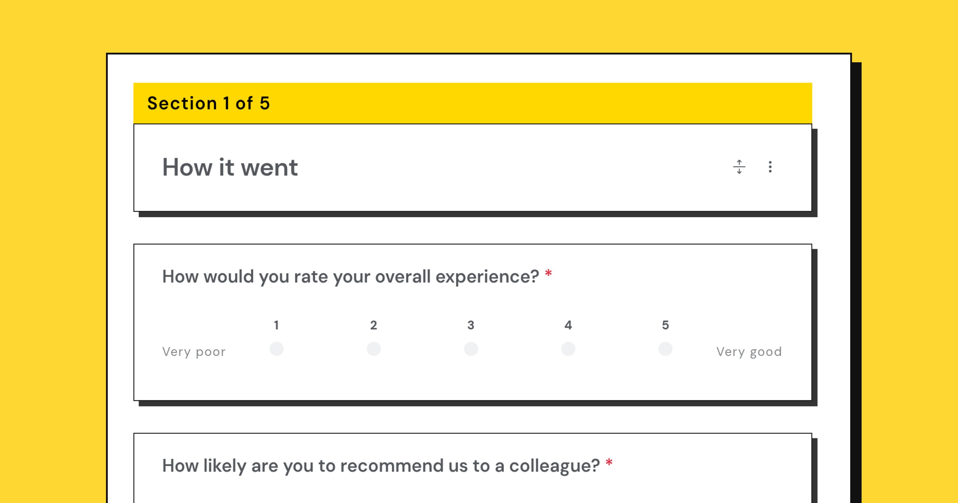 The Customer Feedback template in the Questionful editor: section 1 of 5 with an overall rating, a 0 to 10 recommendation question and a choice question