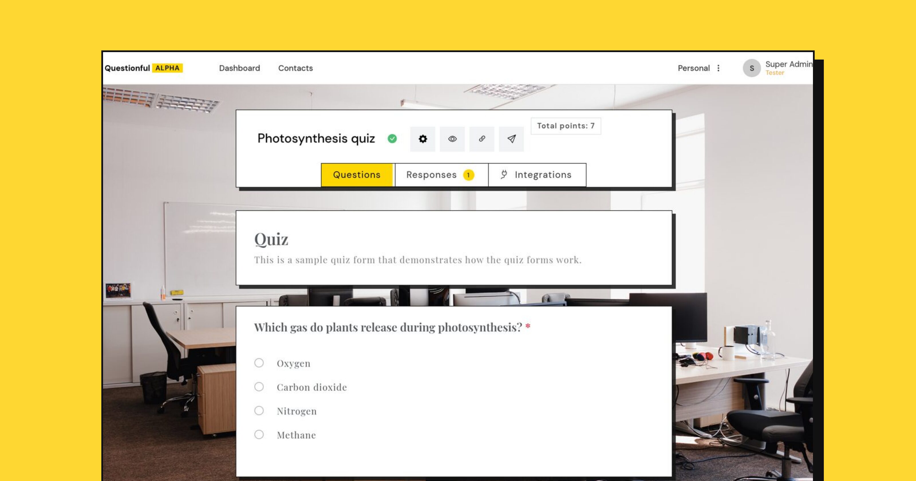 A quiz open in the Questionful editor over a background photo, with the total points shown beside the form name