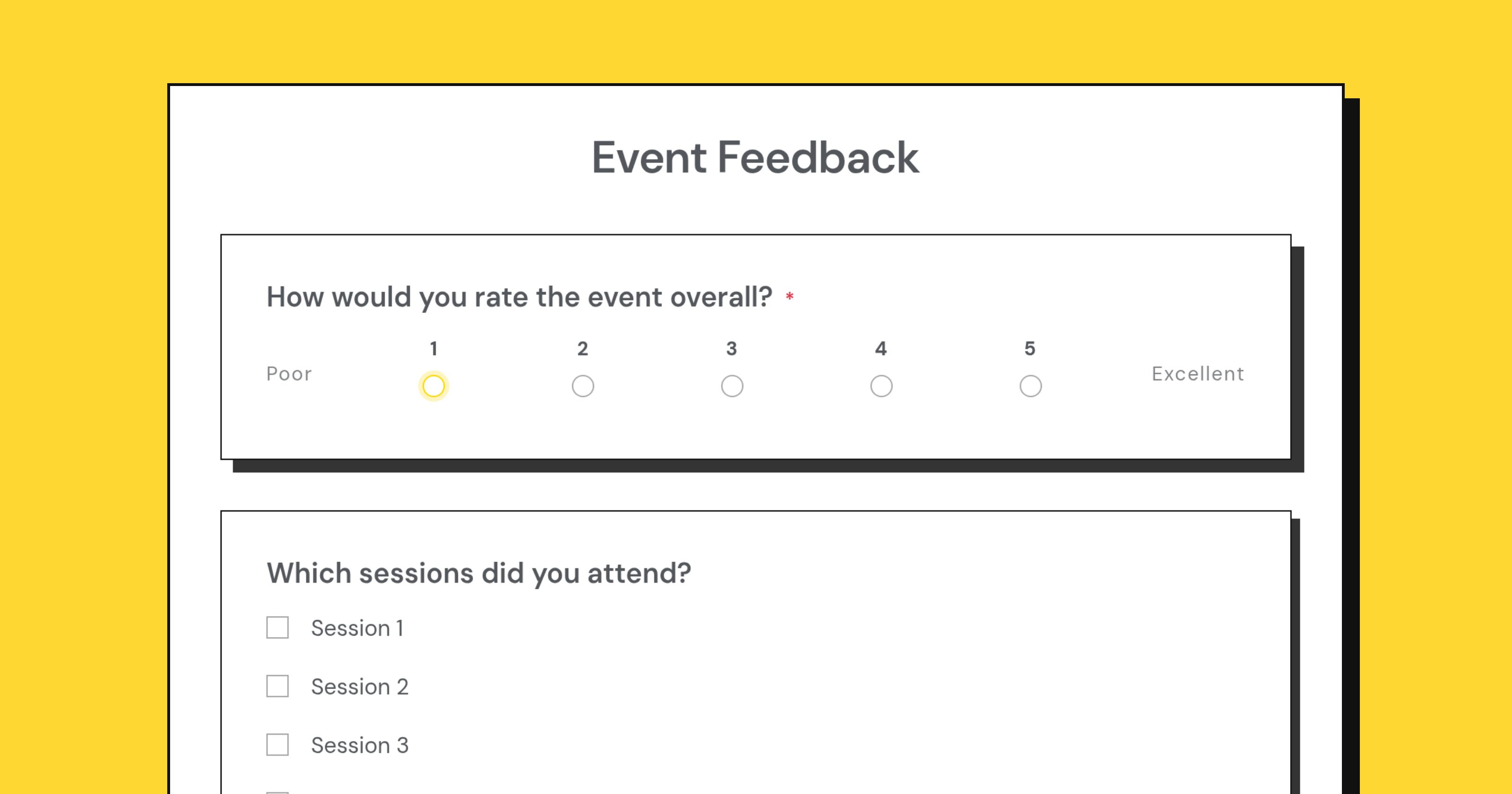 The Event Feedback template as a respondent sees it: an overall rating, a checkbox list of sessions attended and a rating grid per session