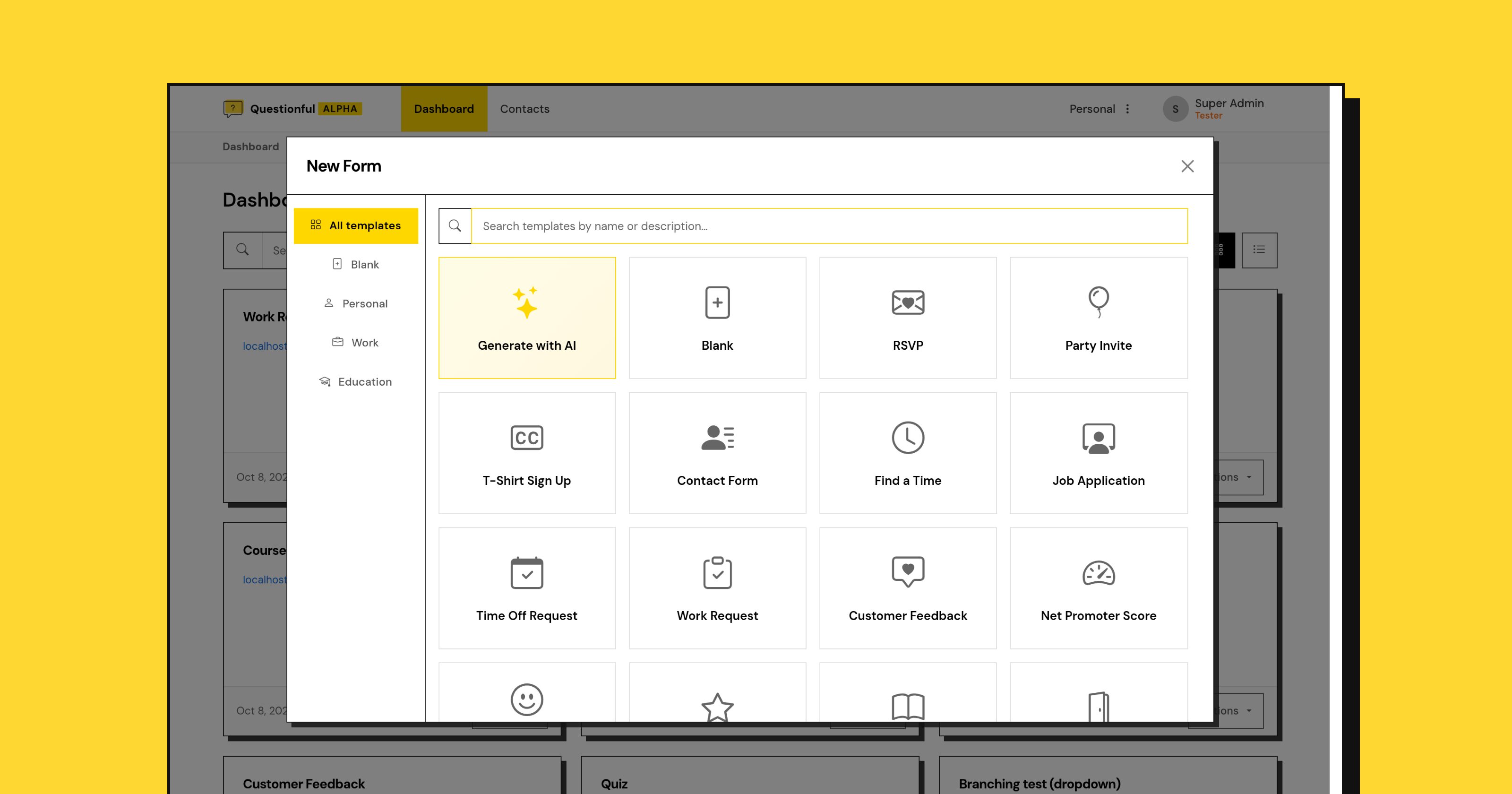 The New Form dialog in Questionful: Generate with AI, Blank, and template cards such as RSVP, Contact Form, Job Application and Customer Feedback