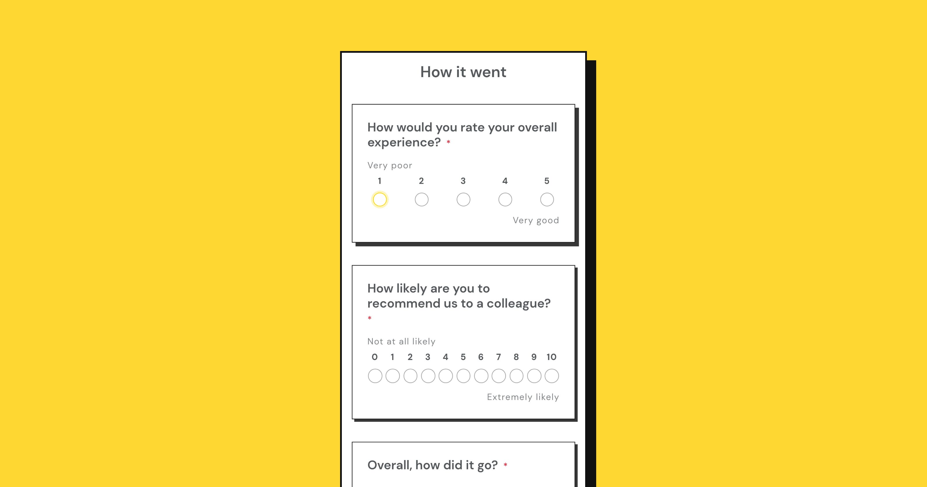 A customer feedback form on a phone screen, one short section at a time with large tap targets