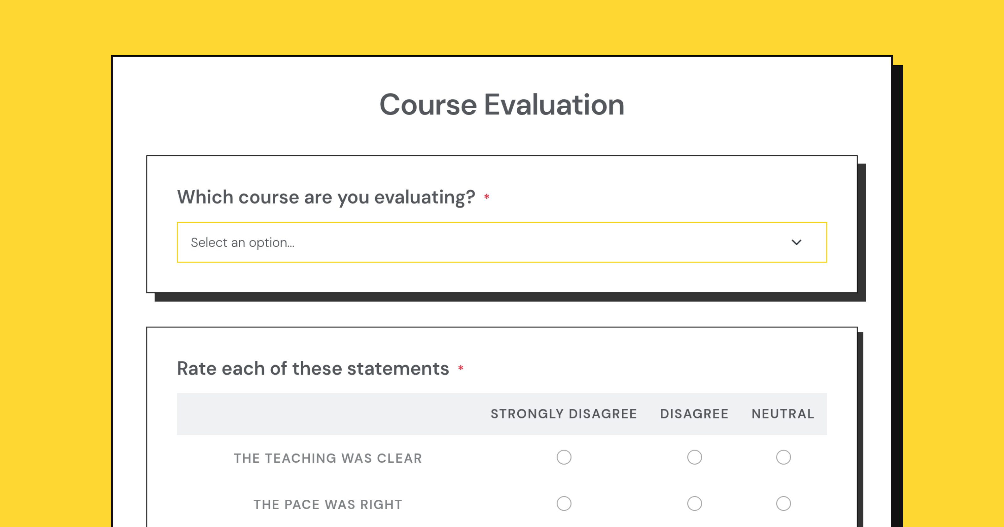 The Course Evaluation template as a student sees it: a course dropdown, then a grid of statements to rate from strongly disagree to agree