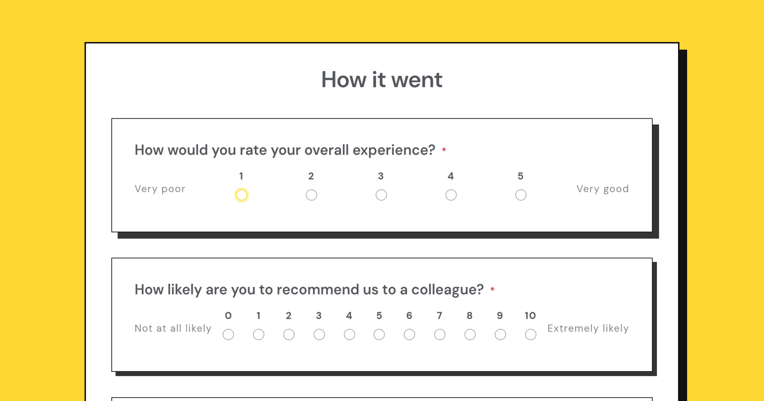 A customer feedback form as a respondent sees it: a 1 to 5 rating, a 0 to 10 recommendation scale and a three-option choice on one screen, with a Next button