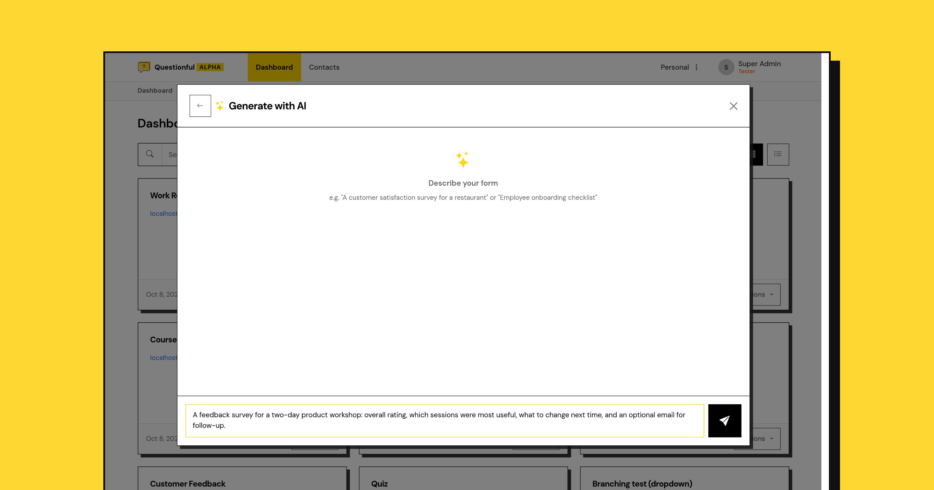 The Generate with AI dialog in Questionful, with a plain-language description of a workshop feedback survey typed into the prompt box