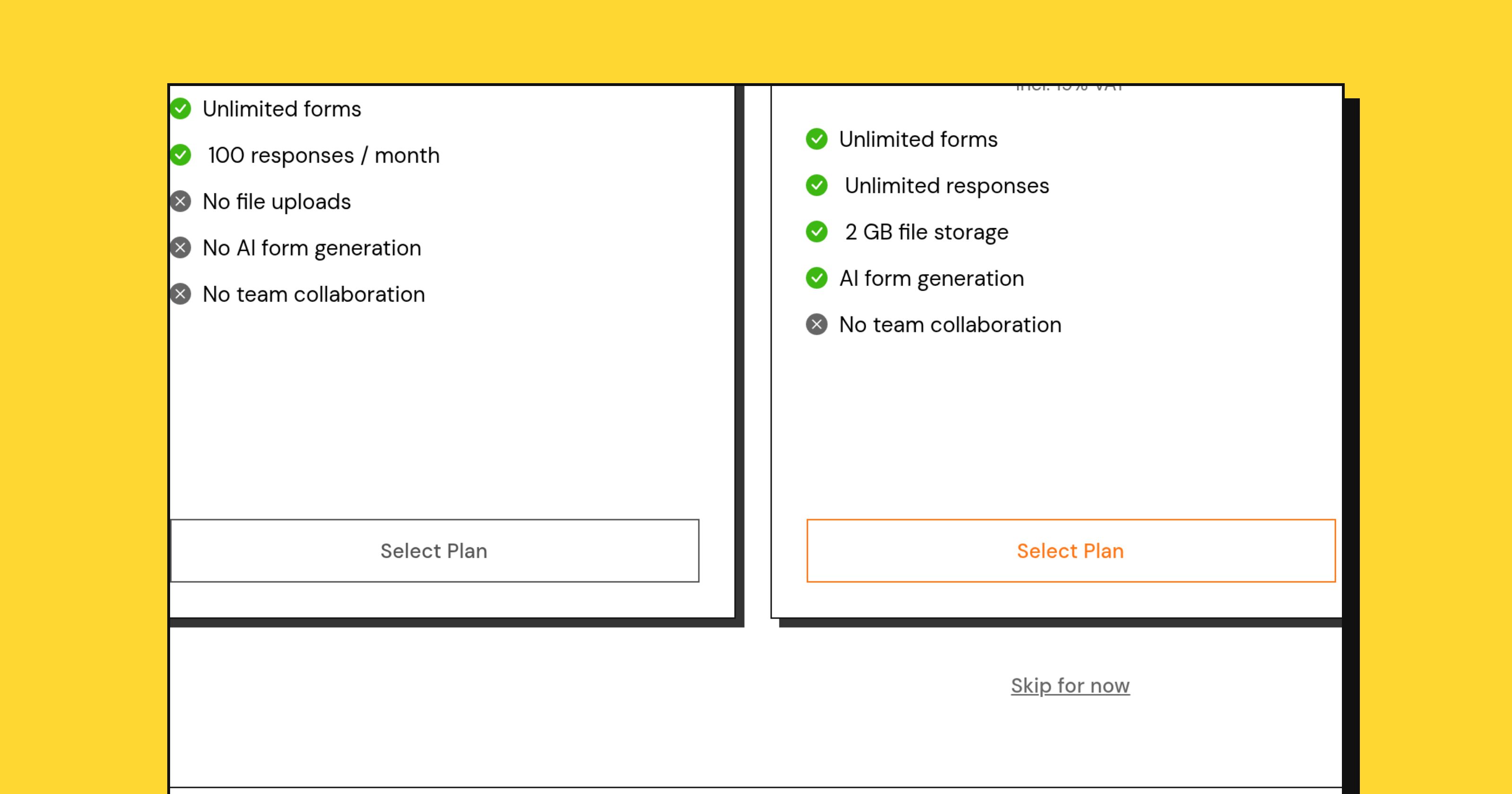 The plan feature lists side by side: Free with 100 responses a month and no file uploads or AI generation, Standard with unlimited responses, 2 GB storage and AI generation